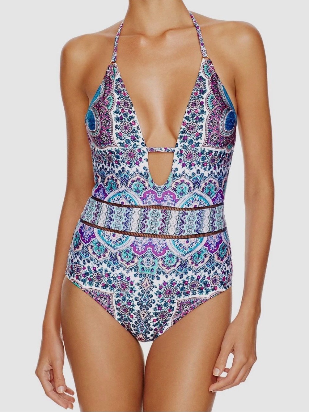 Nanette Lepore Women's Blue Paisley Goddess One-Piece Halter Swimsuit Small